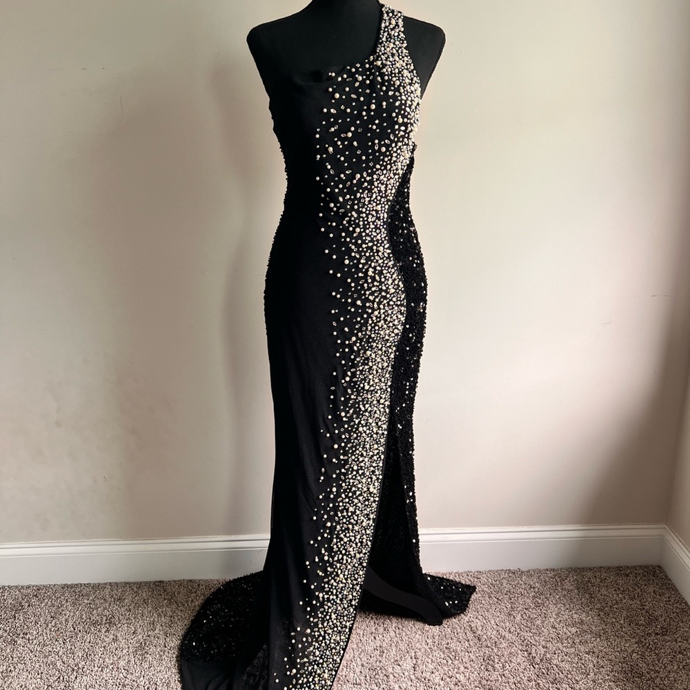 Women's Sexy Sleeveless One Shoulder Rhinestone Split Cocktail Party Prom